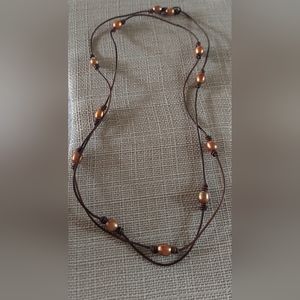 Brand New Handmade Brown Peacock 12 Pearl & Brown Leather Necklace